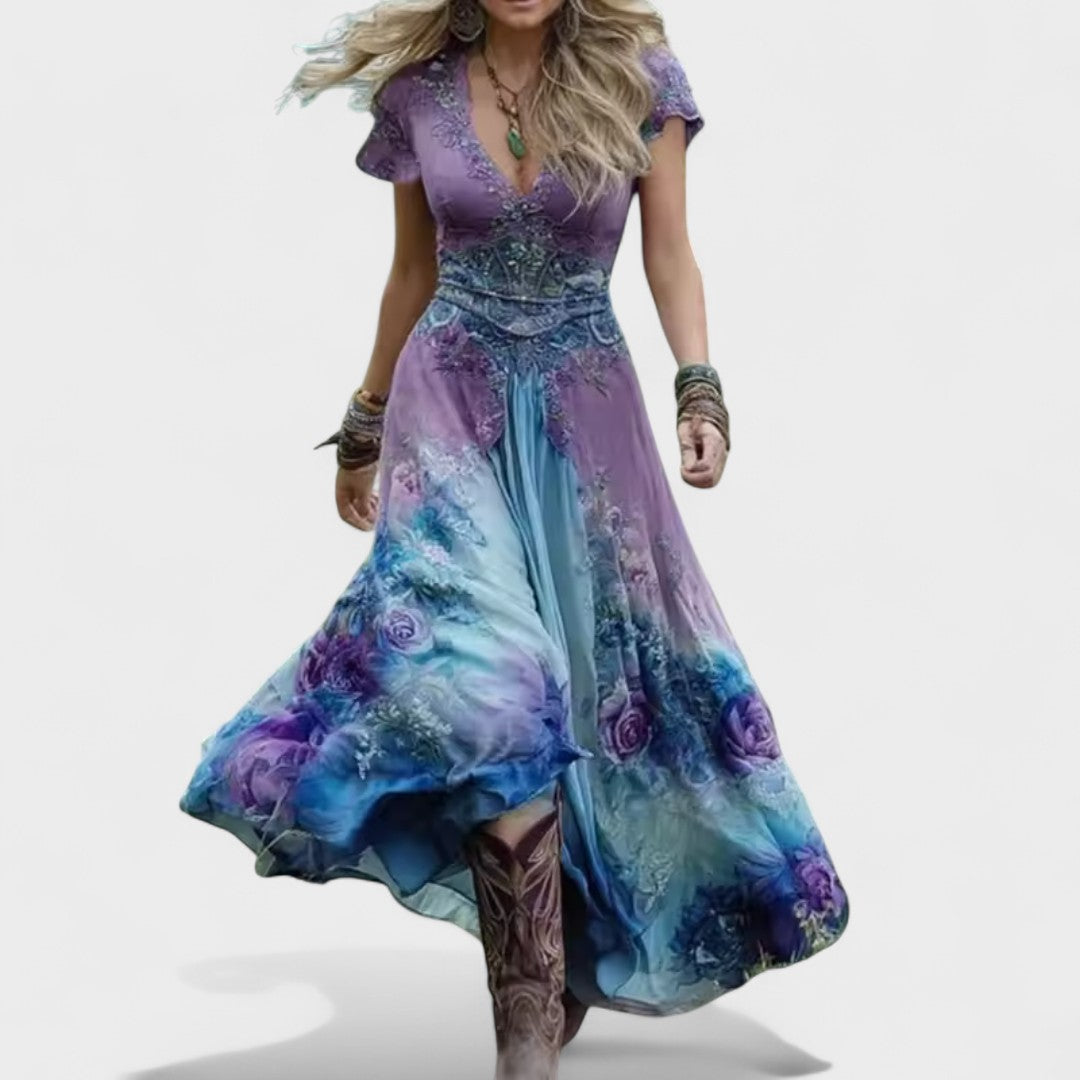 Celeste - Robe fluide à motifs floraux ajustée