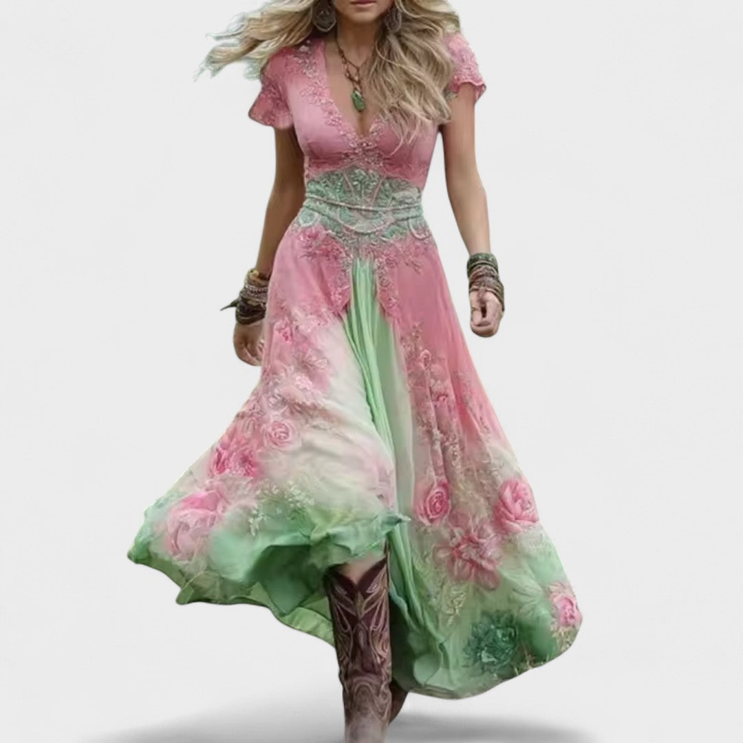 Celeste - Robe fluide à motifs floraux ajustée