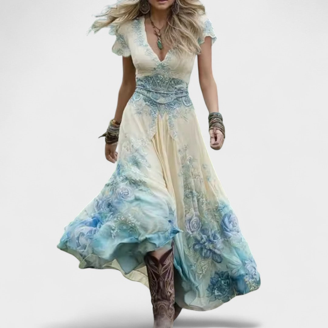 Celeste - Robe fluide à motifs floraux ajustée