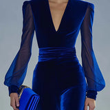 Combinaison en velours royal à manches longues en mesh avec décolleté en V rétro élégant