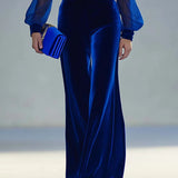 Combinaison en velours royal à manches longues en mesh avec décolleté en V rétro élégant