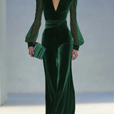 Combinaison en velours royal à manches longues en mesh avec décolleté en V rétro élégant