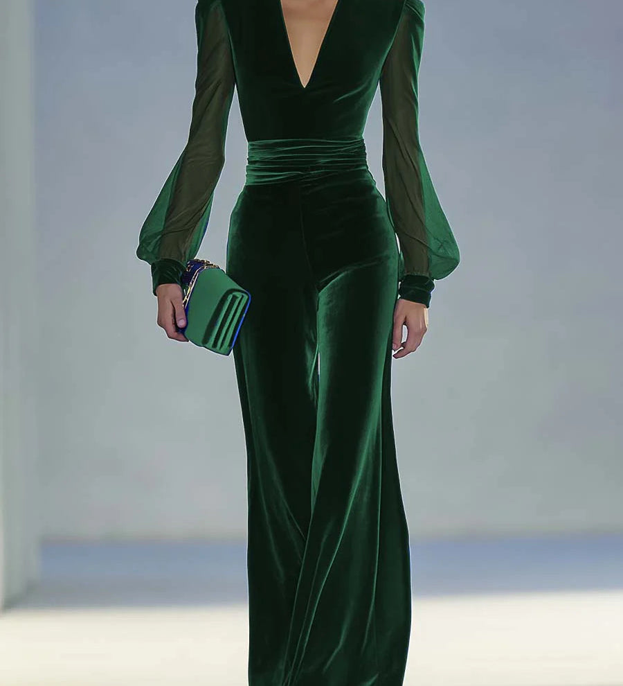 Combinaison en velours royal à manches longues en mesh avec décolleté en V rétro élégant